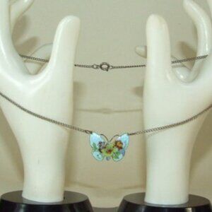 BUTTERFLY NECKLACE ENAMEL JEWELRY DAINTY Choker 15" GUILLOCHE Floral turquoise